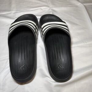 Adidas Black and White Striped Slides